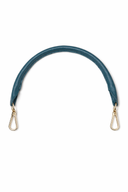 Teal leather strap with gold hooks on a white background