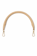 Beige bag strap with metal hooks on a white background