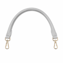 Gray strap with gold hooks on a white background