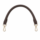 Brown leather bag strap with gold hardware on a white background